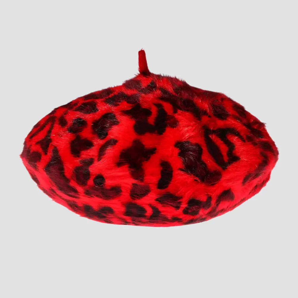 Red and black leopard print beret.