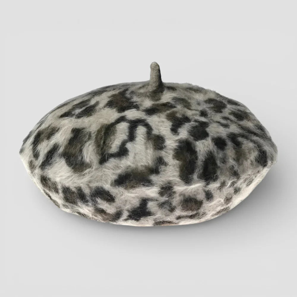 Soft fuzzy gray black leopard print beret Leopard Skin Beret
