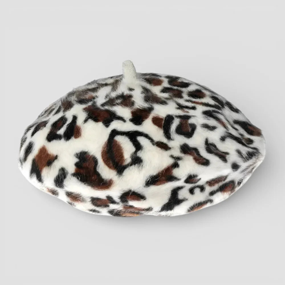 Soft white faux fur Leopard Skin Beret with bold black brown leopard print