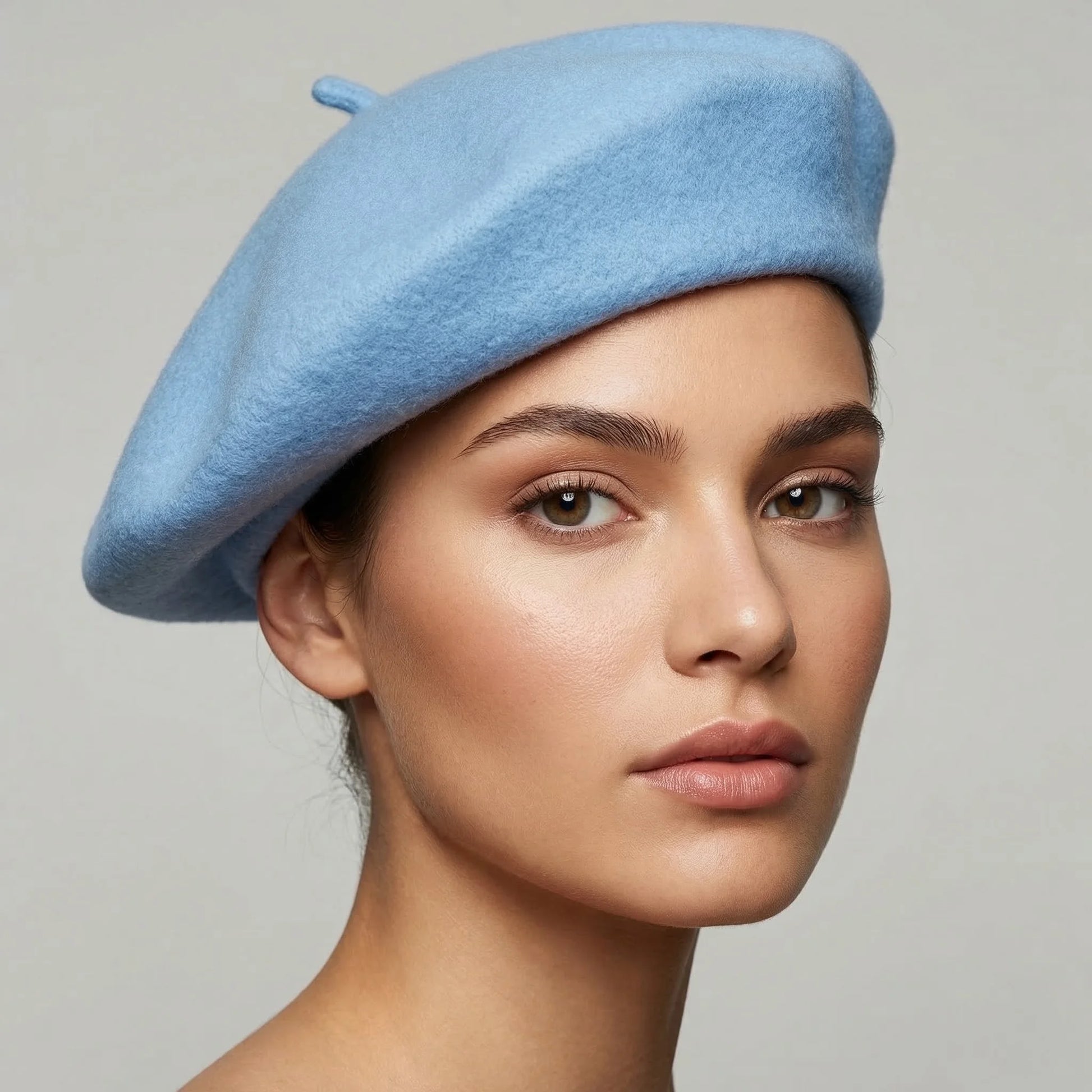 Light blue felt beret with small decorative button on top