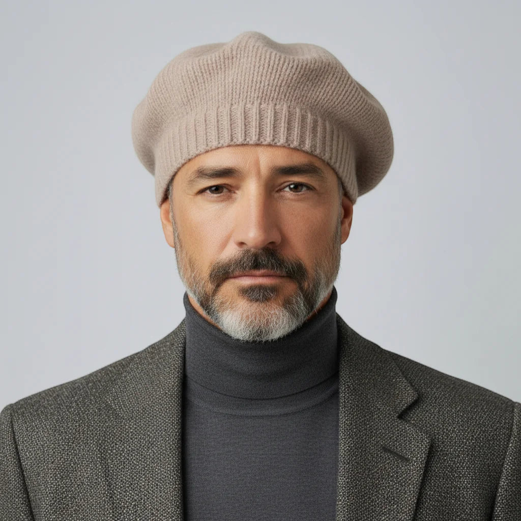 Light brown knitted wool beret with ribbed brim