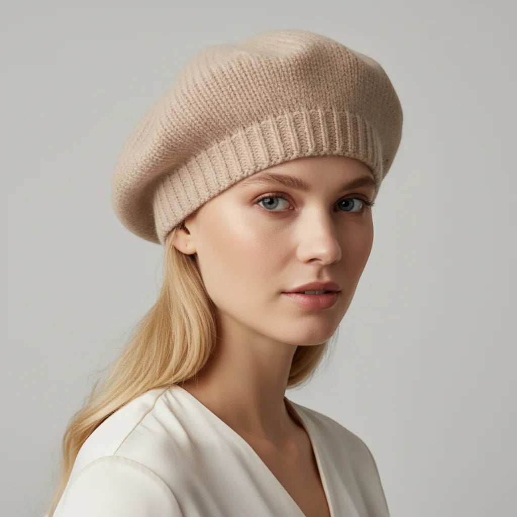 Light brown knitted beret with soft beige ribbed brim