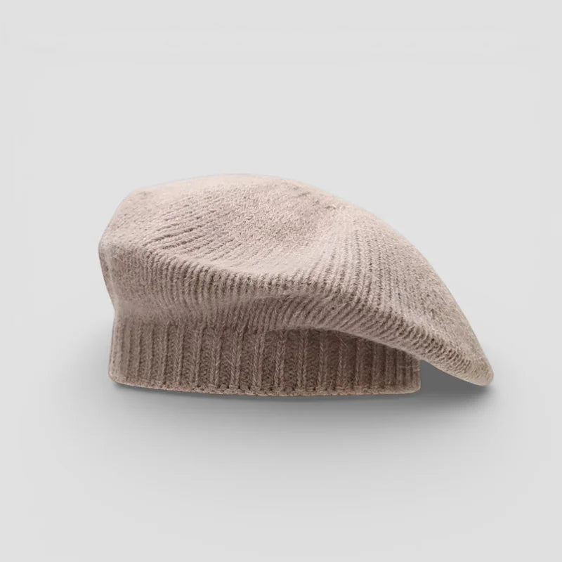 Light brown beret with soft beige knit, ribbed brim and textured crown