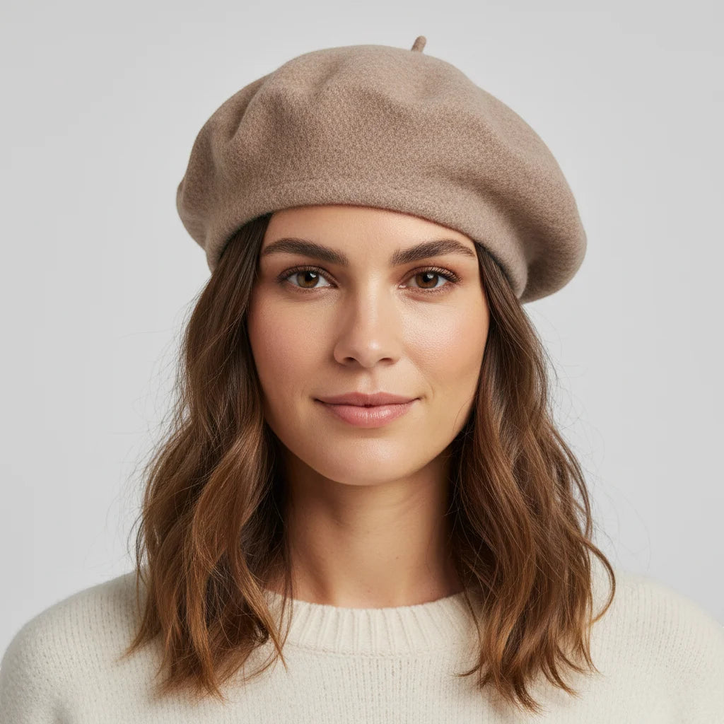 Light brown French wool beret with soft textured surface and top button