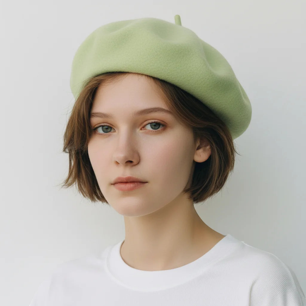 Light green beret in soft sage with subtle texture and top button