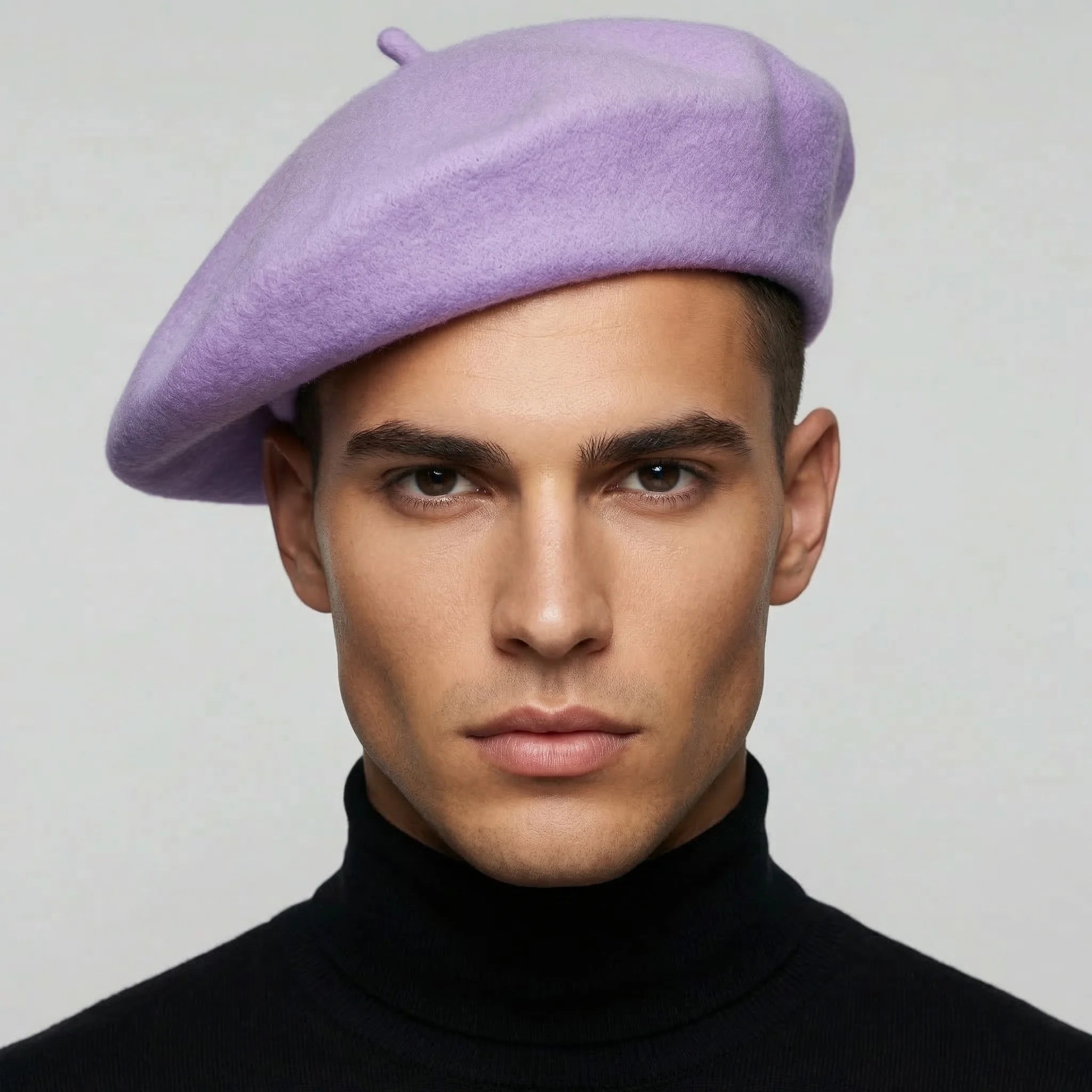 Light purple felt beret with classic rounded shape and top button