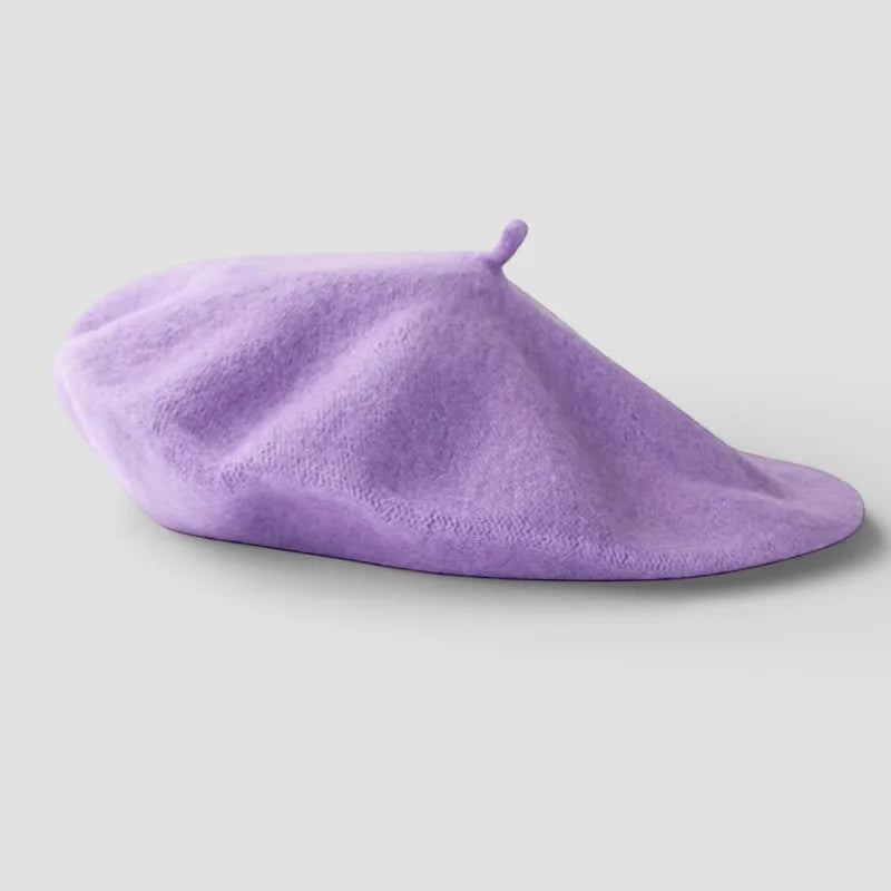 Light purple felt beret with soft lavender hue and rounded top button