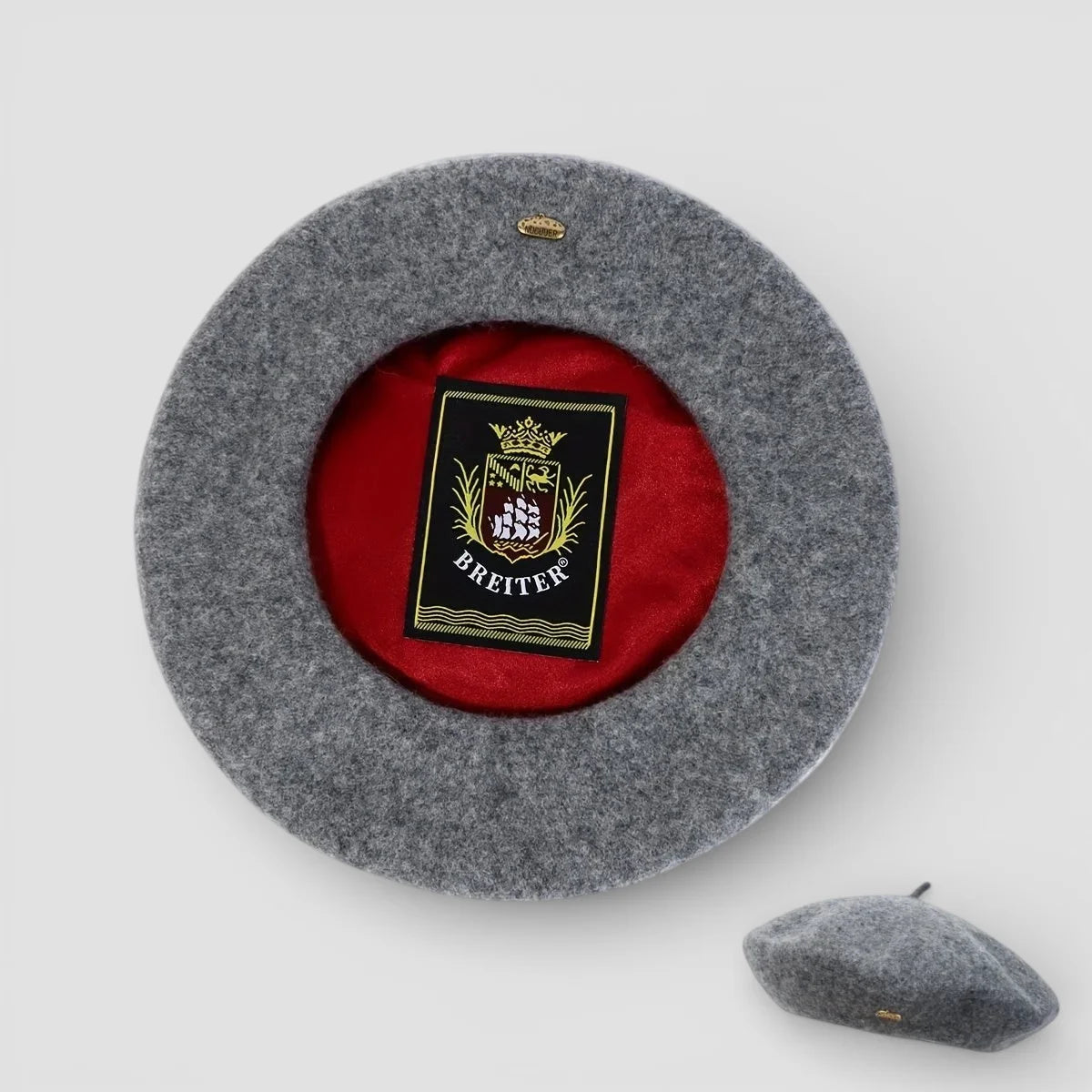 Gray felt Lined Beret with red interior and Breiter crest