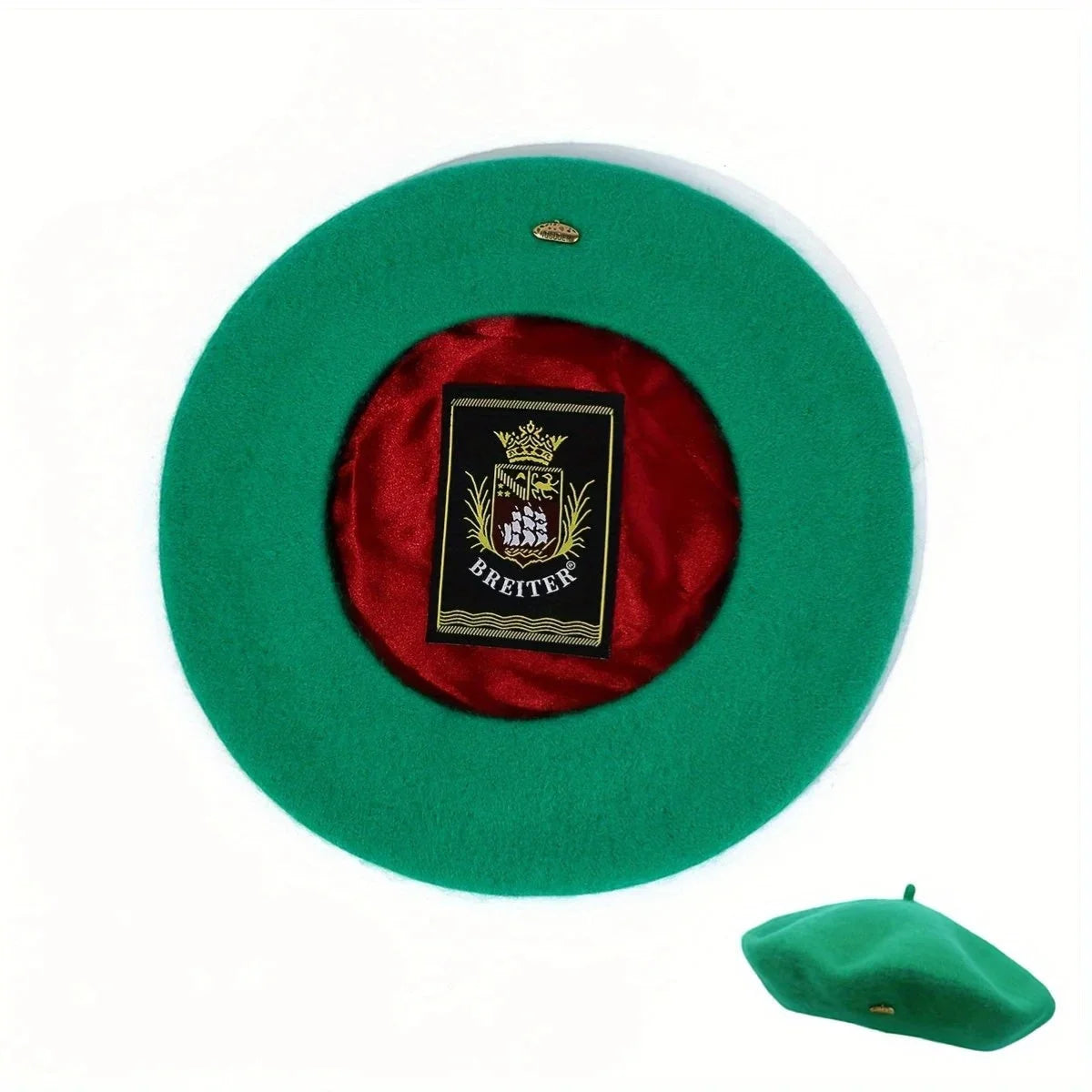 Lined beret with green felt, red satin lining, black crest and gold Breiter embroidery