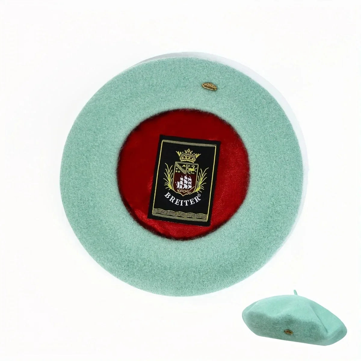 Mint green lined beret with red interior and Breiter crest patch