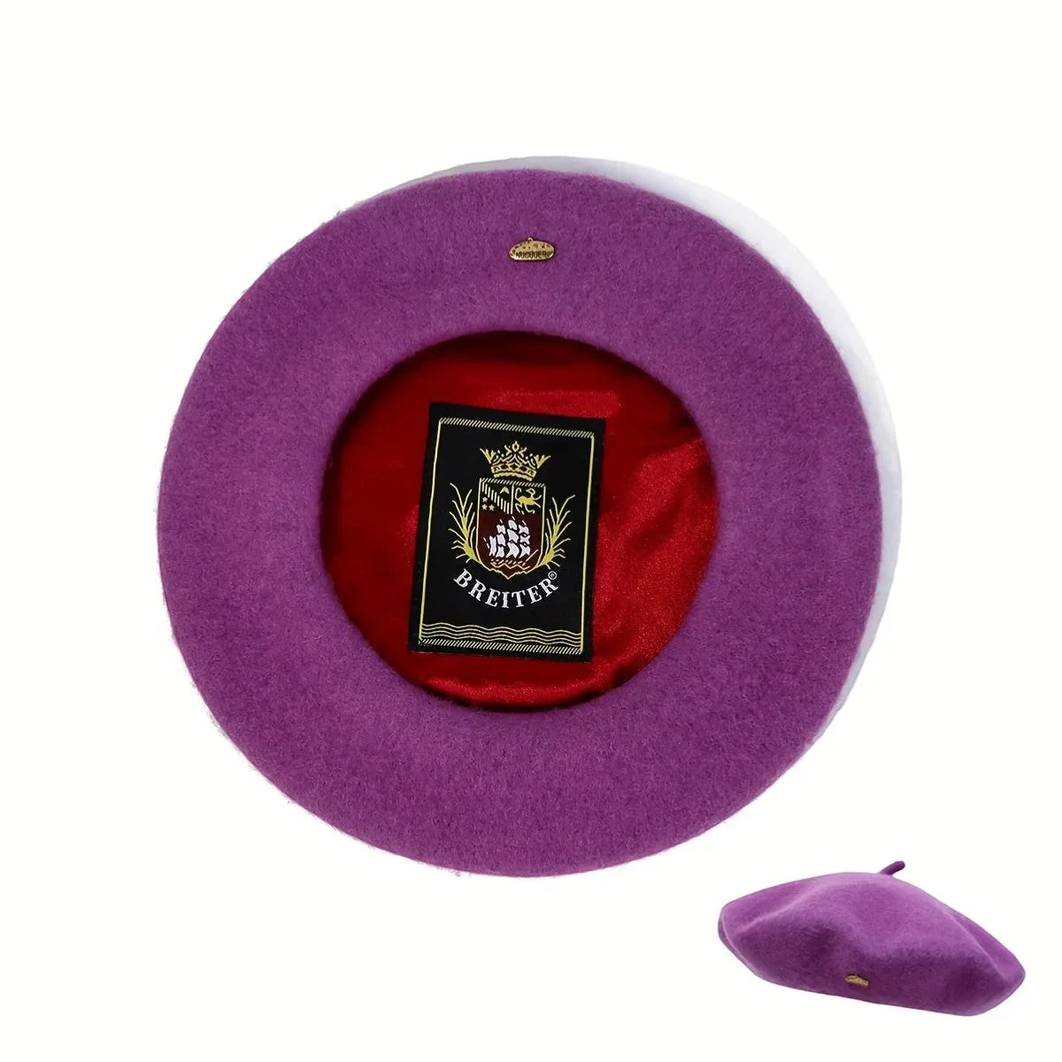 Purple Lined Beret with black crest, red satin lining, Breiter brand
