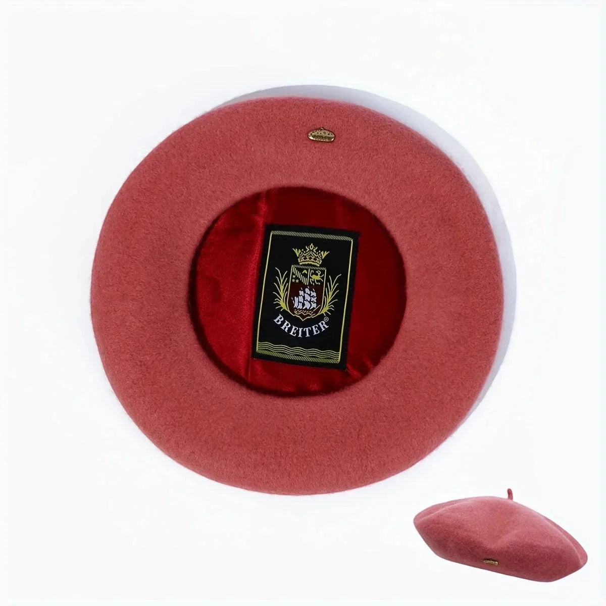 Lined beret in soft dusty rose felt with black crest and gold trim