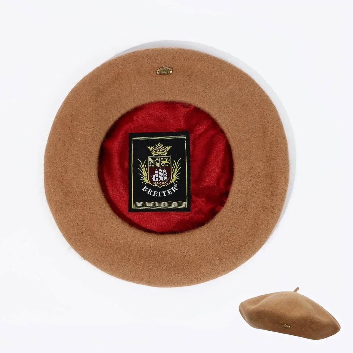 Tan felt Lined Beret with red satin interior and gold-detailed black crest