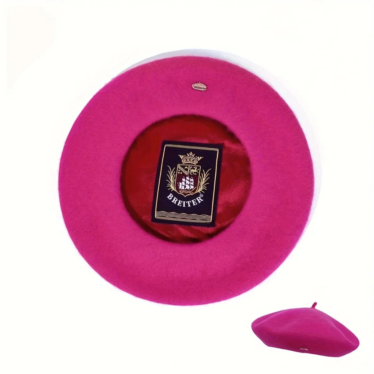 Vibrant fuchsia felt Lined Beret with black crest and red satin lining