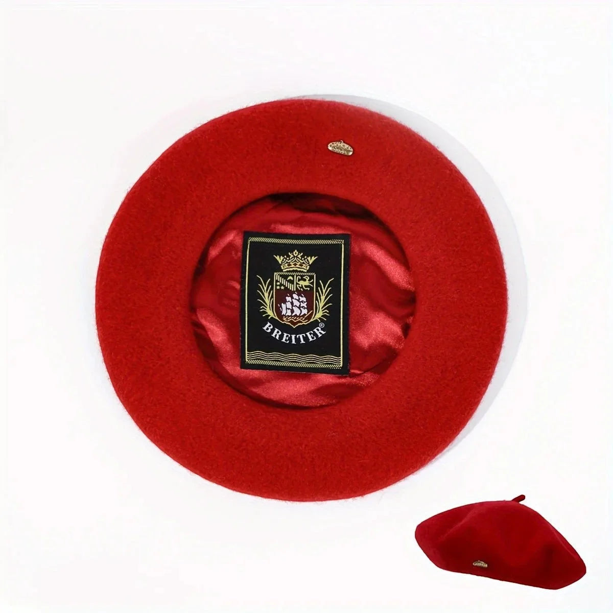 Vibrant red felt Lined Beret with satin lining and Breiter label