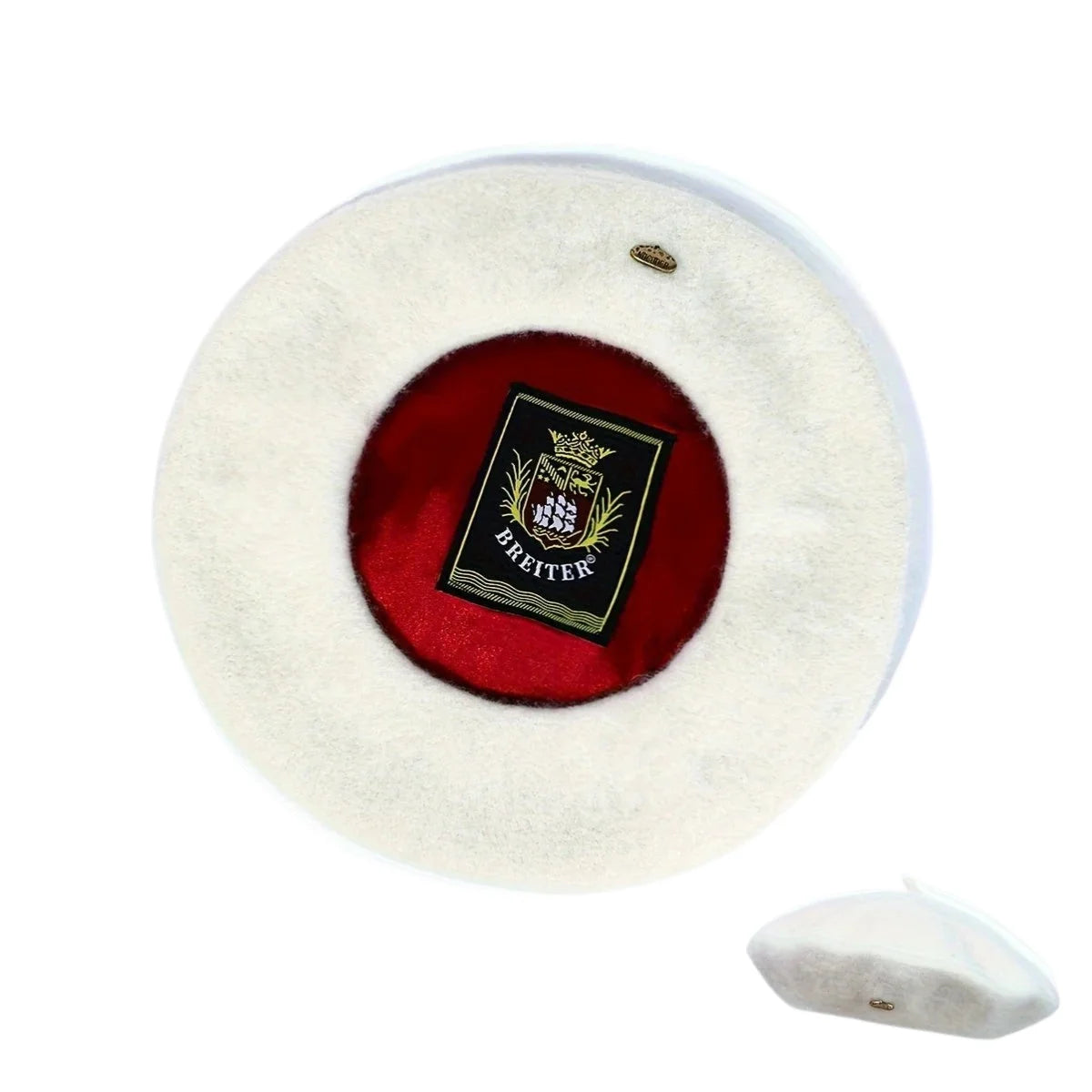 White felt Lined Beret with red lining and black Breiter crest