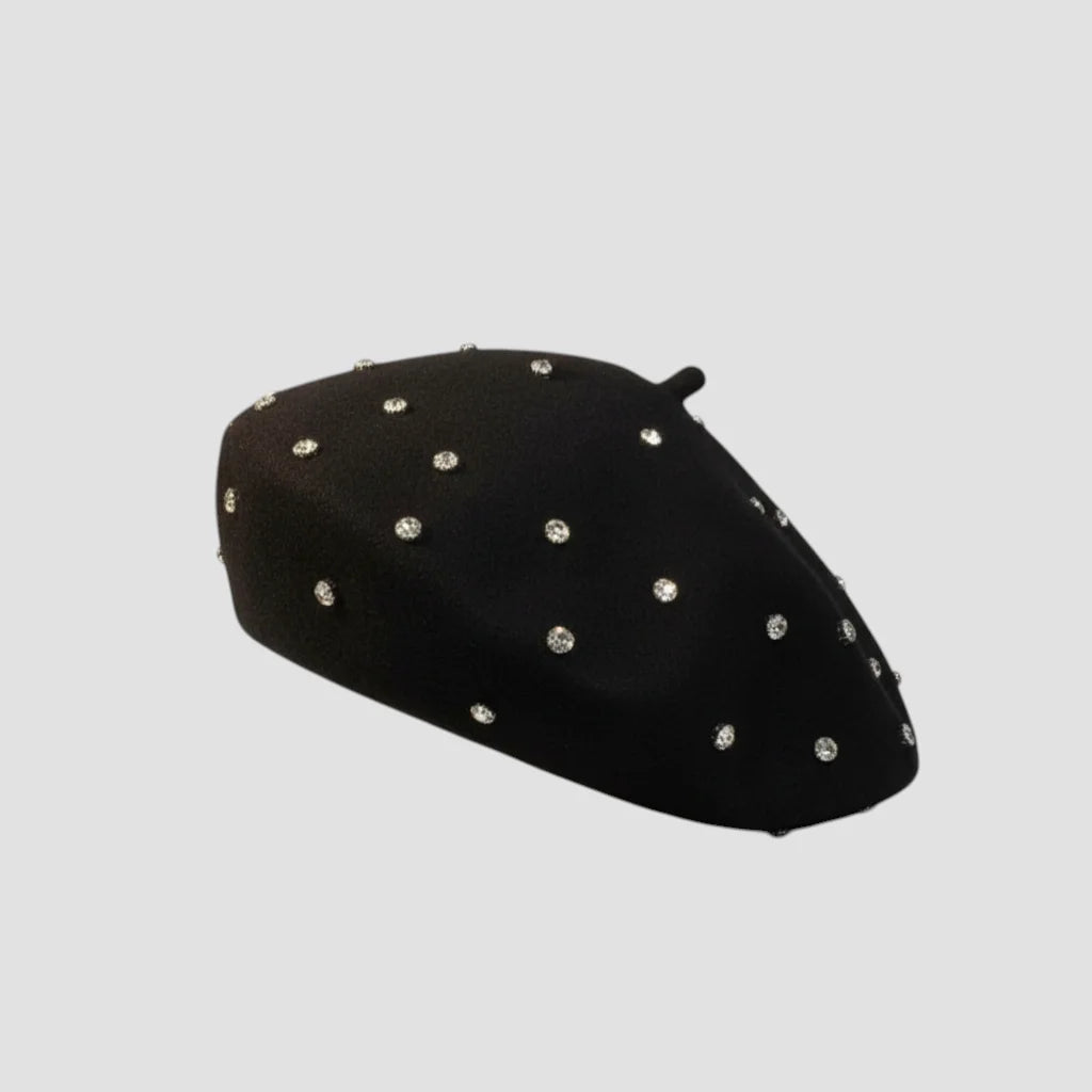 Luxury Beret black beret with scattered silver rhinestones