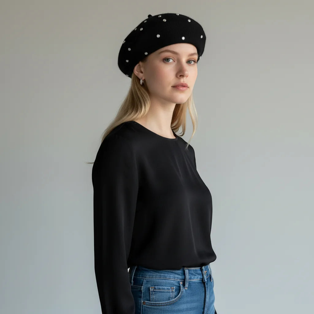 Luxury Beret: black beret adorned with small white pearls