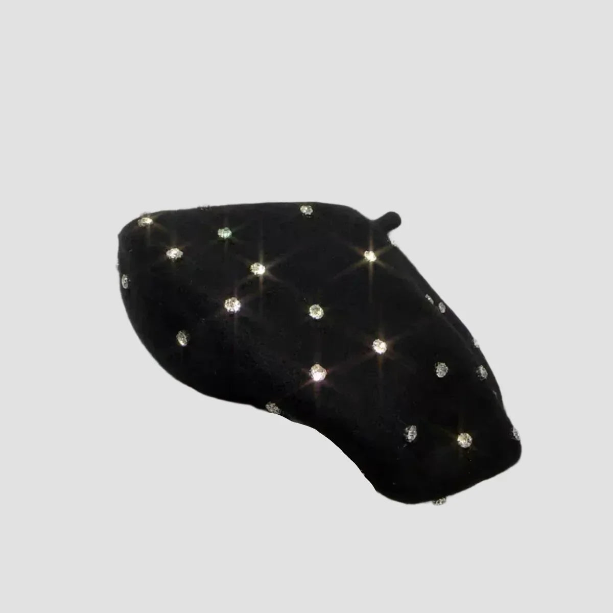 Black beret with rhinestones.