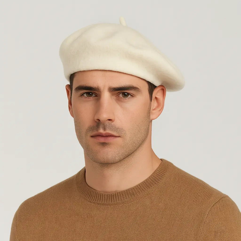 Man wearing a beige beret and brown sweater against a plain background