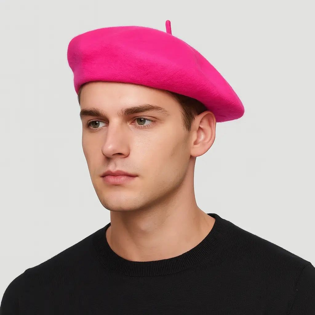 Man wearing a bright pink beret against a plain background