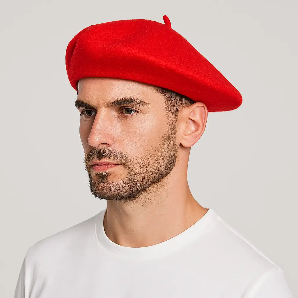 Man wearing a red beret against a plain background