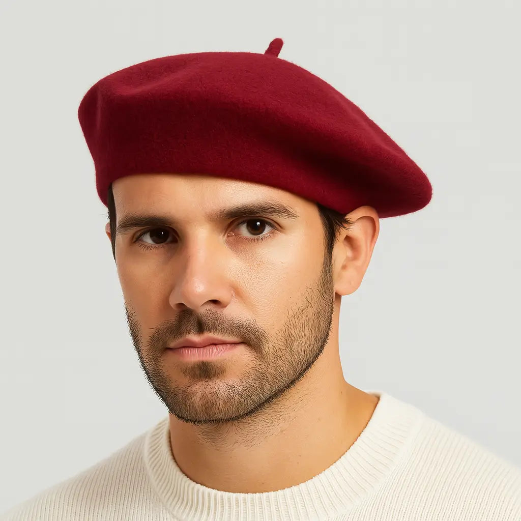Man wearing a red beret against a plain background