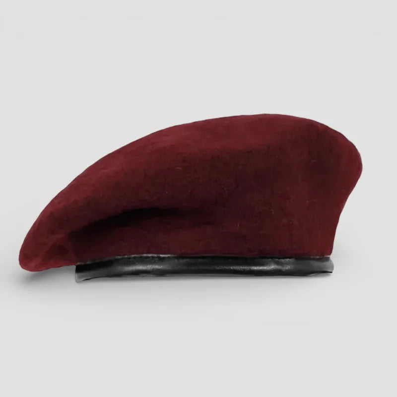 Maroon beret army hat with velvety maroon fabric and black leather band
