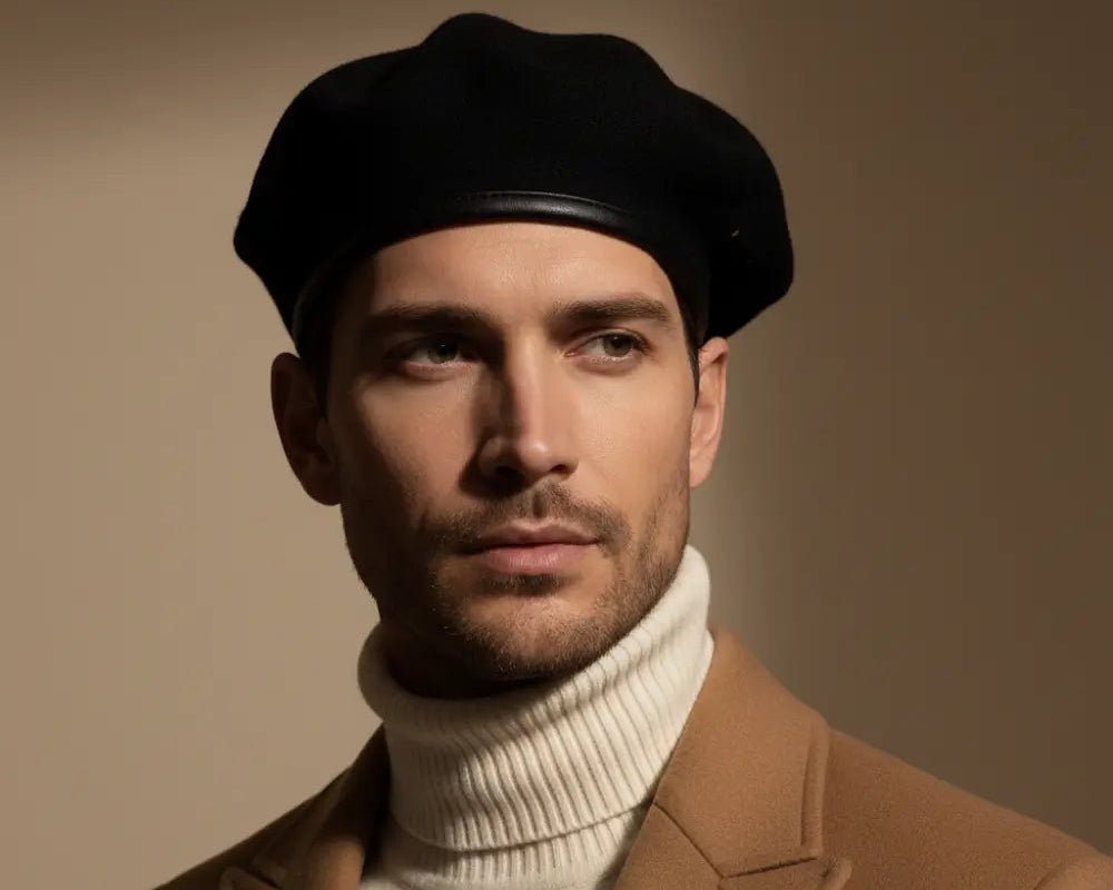 Elegant male model showcasing a classic black wool French beret. High-end fashion portrait for premium men's berets.