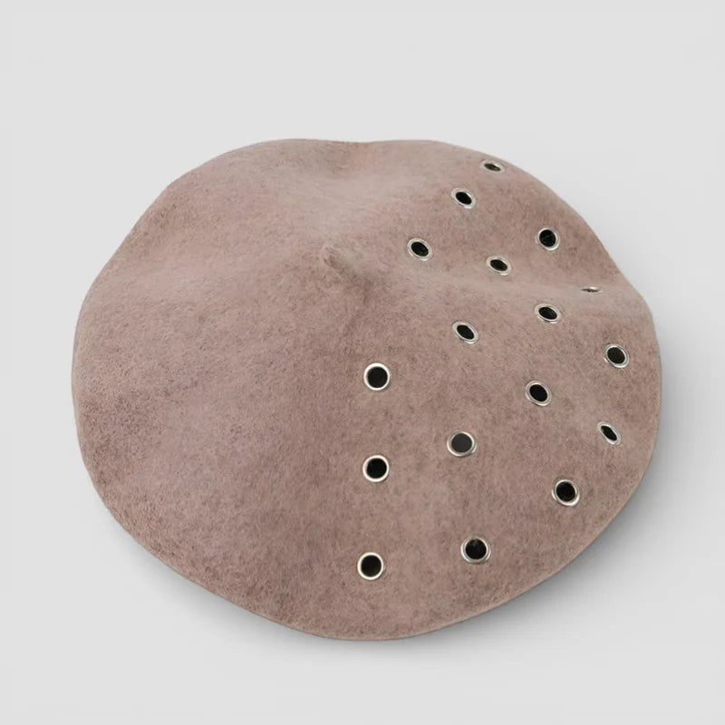 Merino wool beret in soft dusty rose felt with silver eyelets