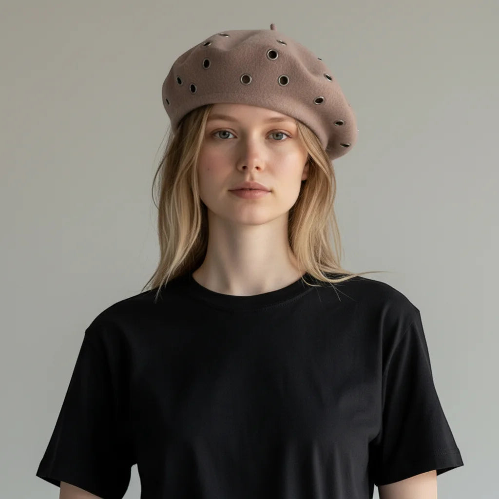 Taupe felt Merino Wool Beret with circular eyelets