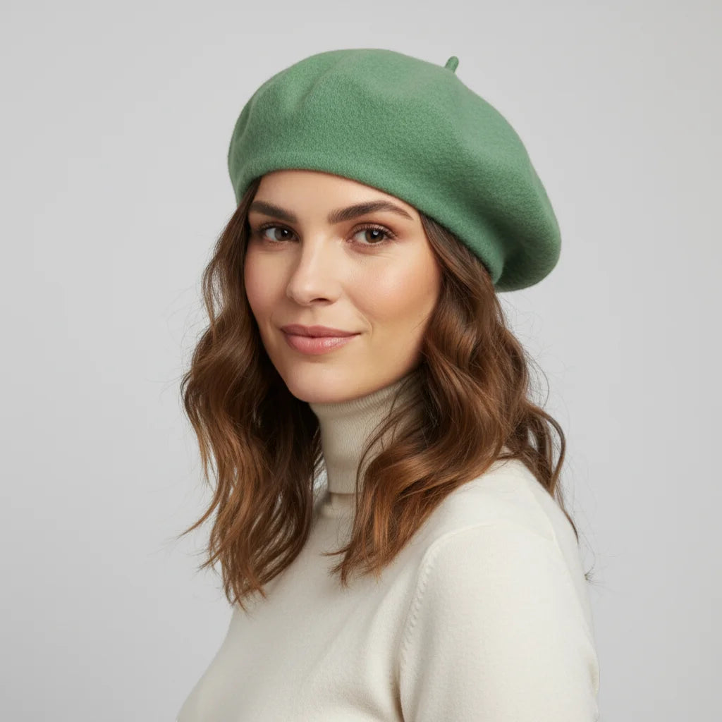 Mint green beret with soft rounded shape and top button