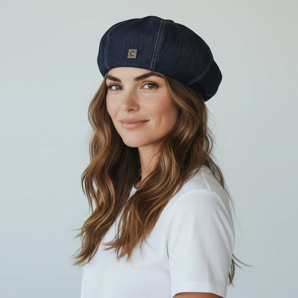 Navy blue denim beret with white stitching and metallic logo patch
