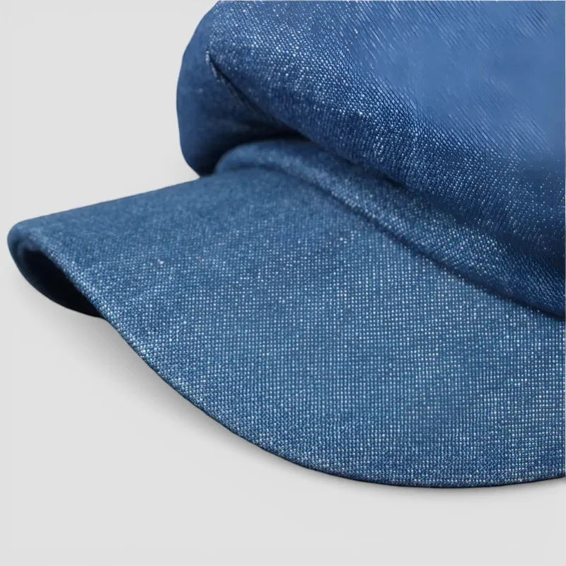 Blue denim Newsboy Beret Cap with shimmering texture and curved brim