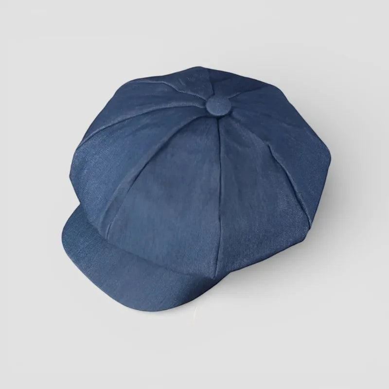 Navy blue suede eight-panel Newsboy Beret Cap with crown button