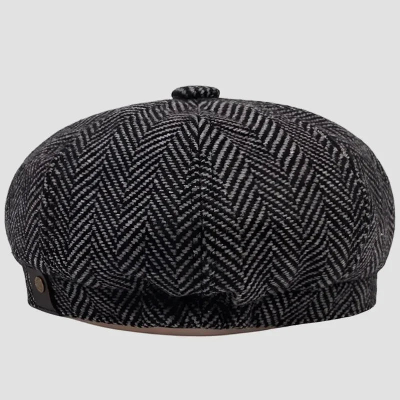 Black and gray herringbone wool Newsboy Cap with top button