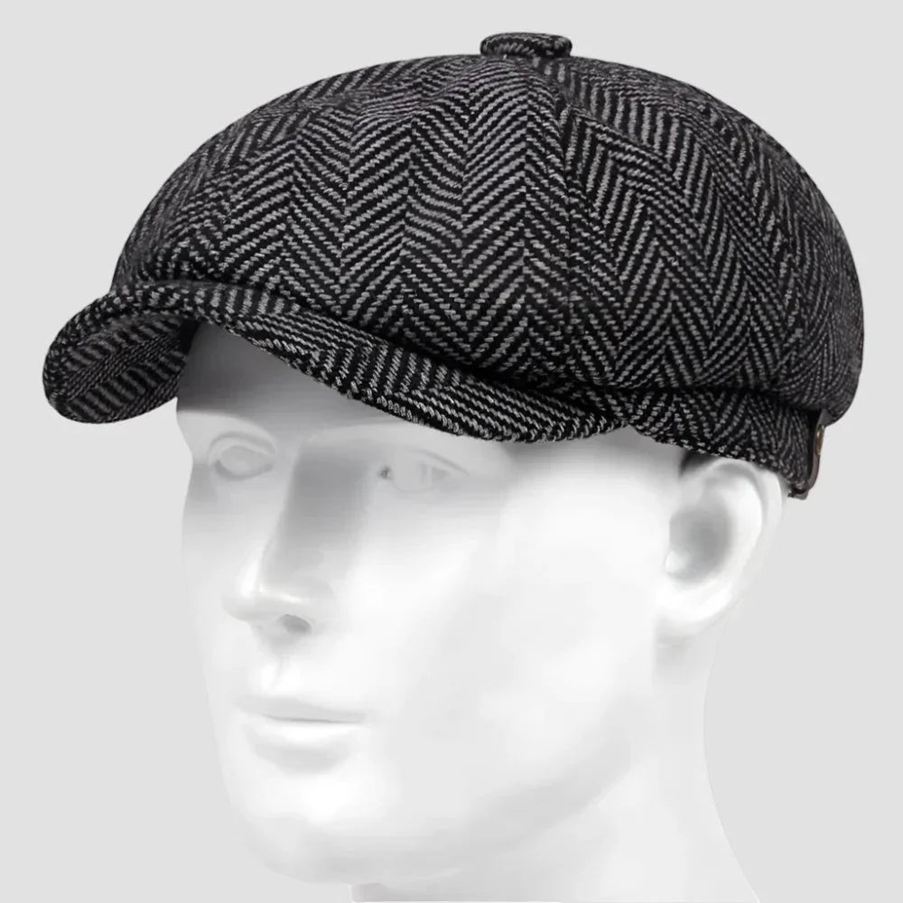 Black and gray herringbone wool newsboy cap, eight-panel design