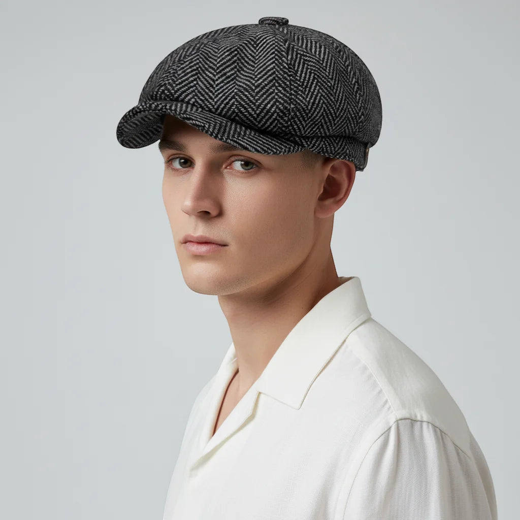 Black and white herringbone Newsboy Cap, six-panel flat design