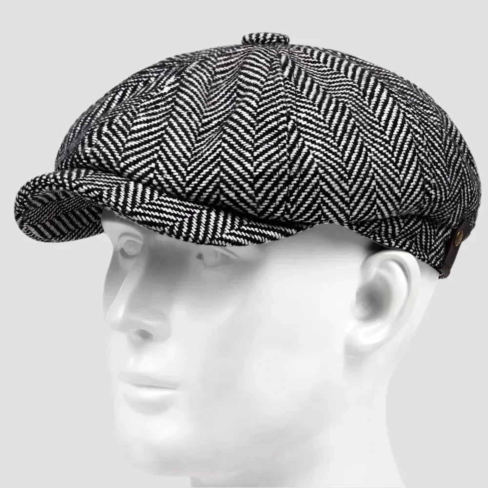Black and white herringbone wool newsboy cap, six-panel design