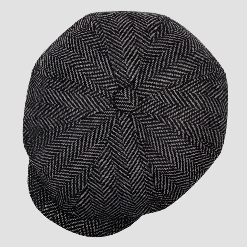 Classic black and gray herringbone newsboy wool cap