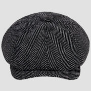 Classic black and white herringbone Newsboy Cap, six-panel wool flat cap