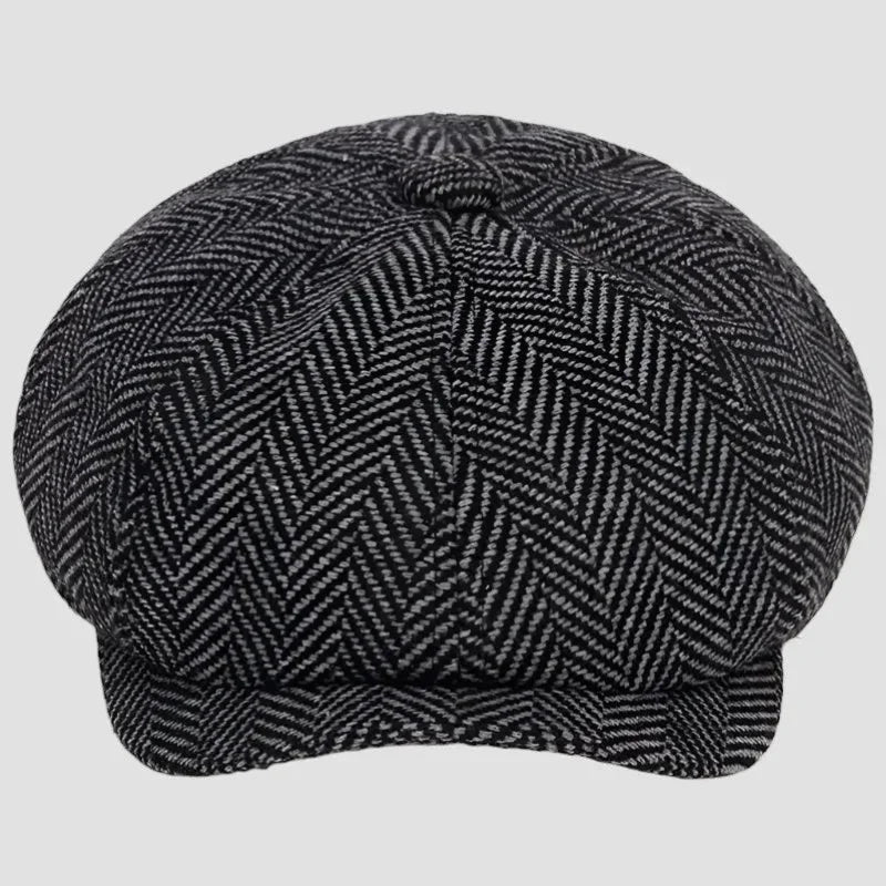 Classic black and white herringbone Newsboy Cap, six-panel wool flat cap