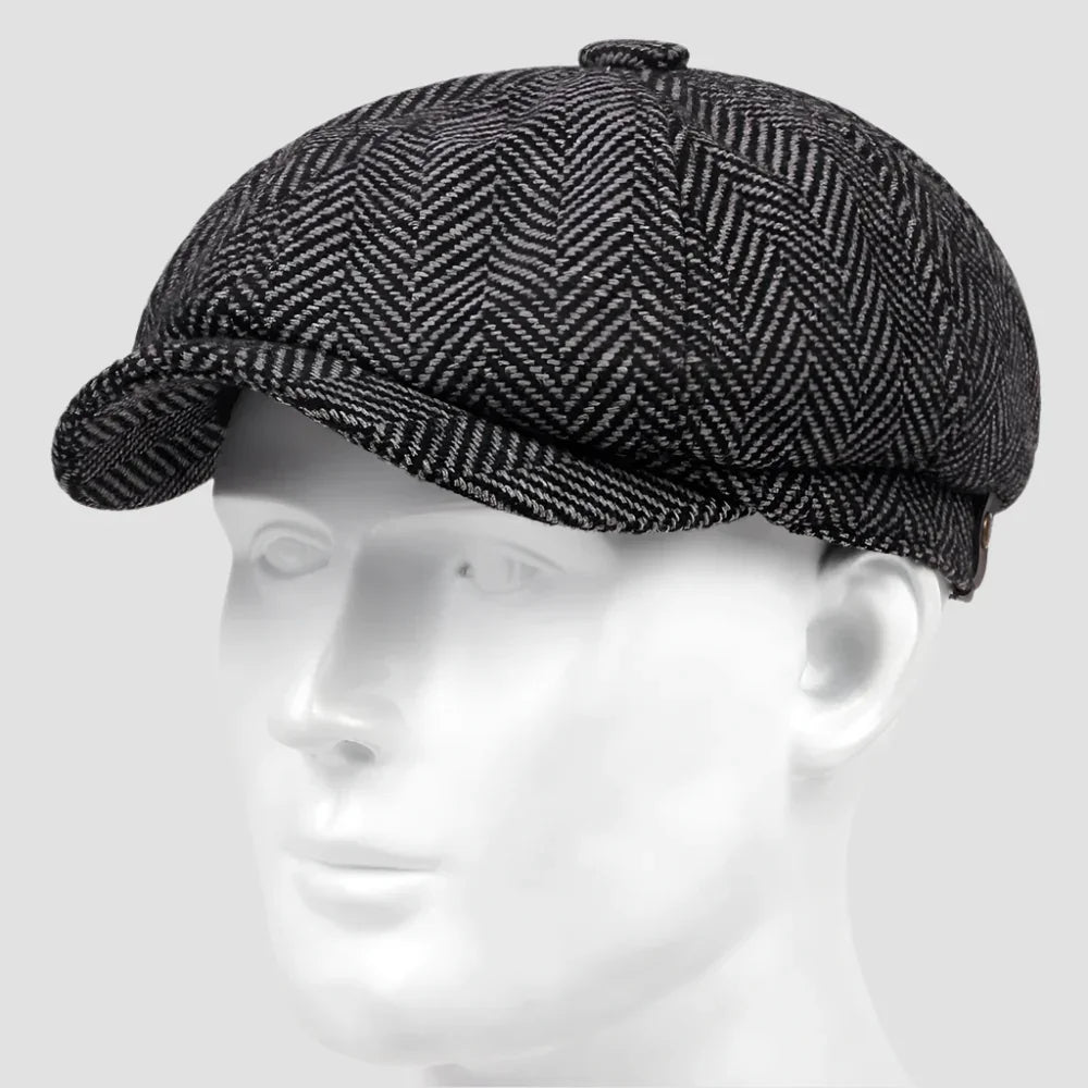 Herringbone newsboy cap.