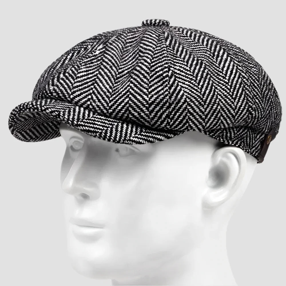 Herringbone newsboy cap.