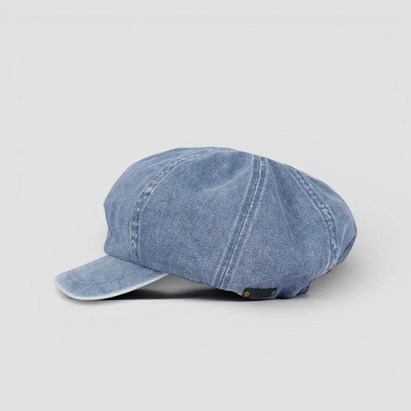 Light blue Newsboy Denim Beret cap with 8-panel design and short brim