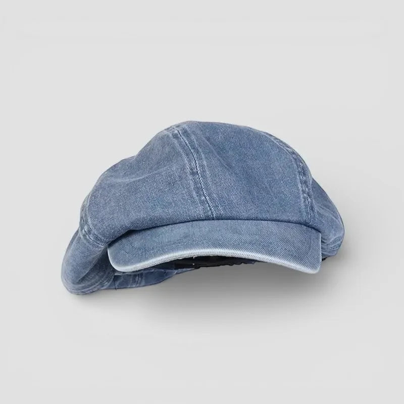 Newsboy denim beret: light-wash cap with structured worn look and flat brim