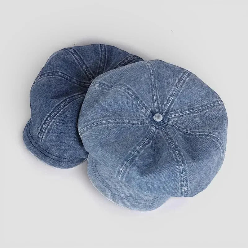 Two denim Newsboy Beret flat caps with 8 panels, stitching and button