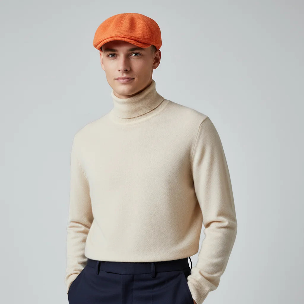 Vibrant orange beret cap with textured wool-like fabric on man