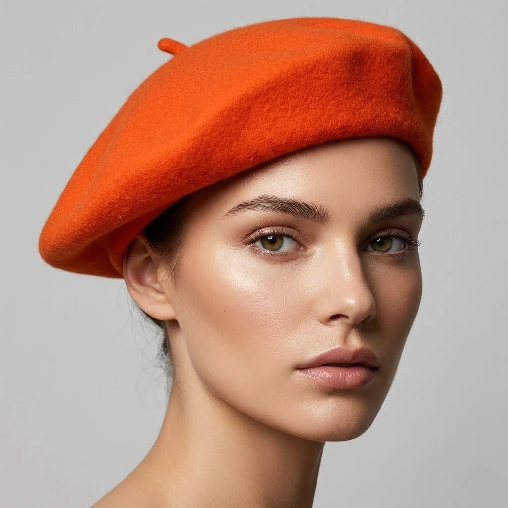 Vibrant orange felt beret hat with soft textured surface and top button