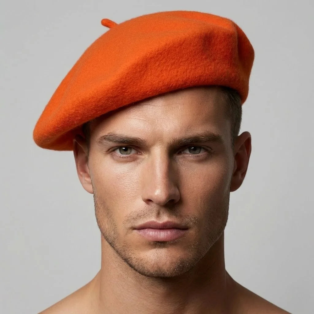 Vibrant orange wool beret hat with textured surface and top button